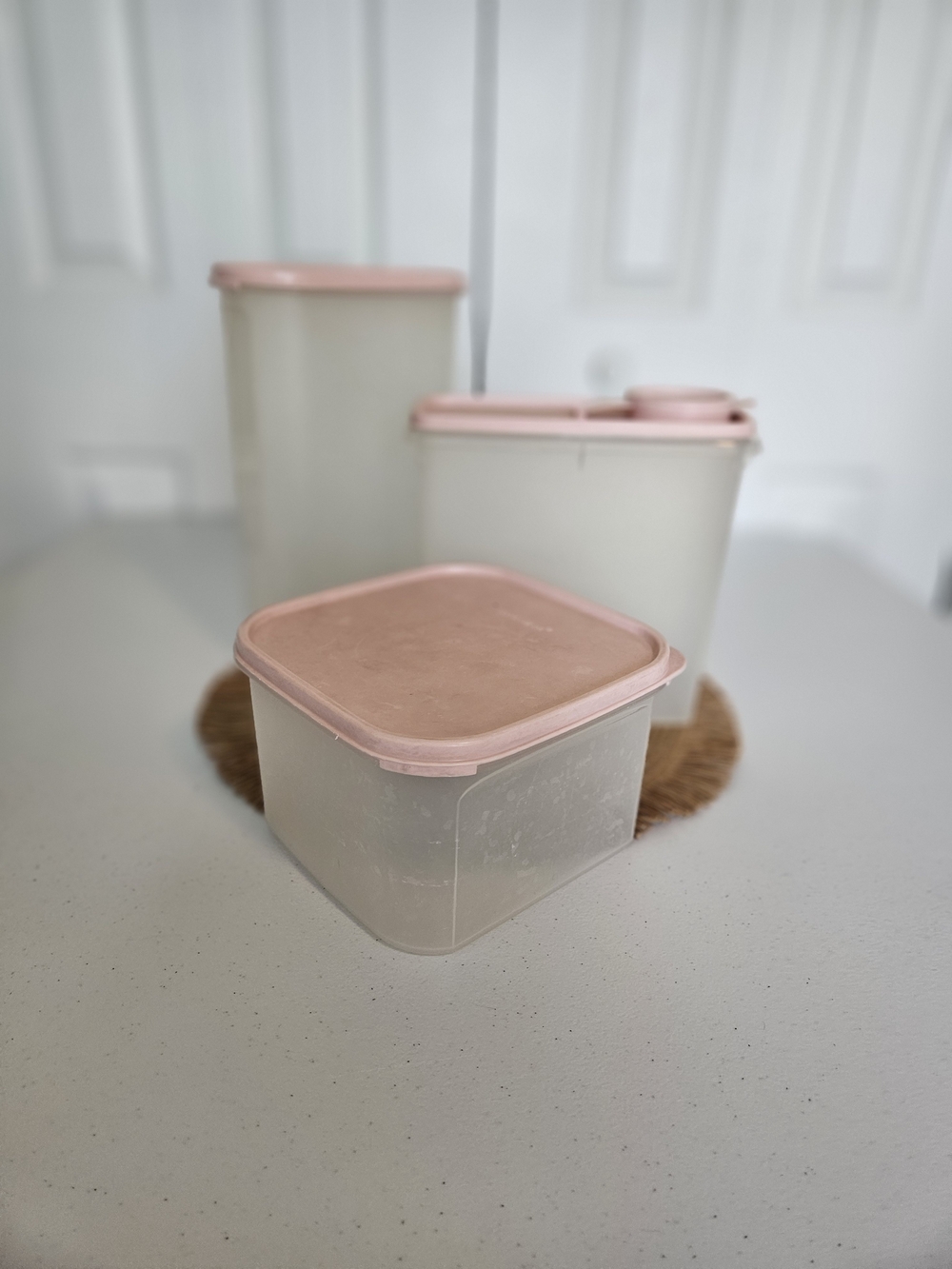 TitleVintage Tupperware Storage Container Set Pink Lids Made in USA 3pc